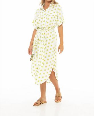 Skemo Palm Button Down Dress In White/lime