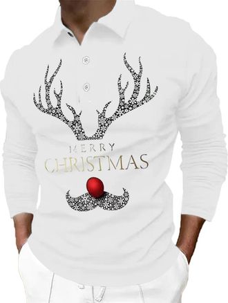 Generic Mens Christmas Polo Shirt with Reindeer Design, Festive Merry Christmas Graphic Polo, Trendy Holiday Polo Shirt for Men, Comfortable Long Sleeve Shirt