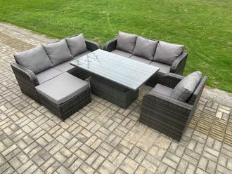 Fimous 8 Seater Outdoor Rattan Garden Furniture Sets Height Adjustable Rising lifting Dining Table Sofa Set with Reclining Chair Big Footstool