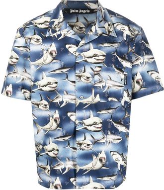 Palm Angels Sharks-print bowling shirt - men - Cotton/Polyester - 50 - Blue