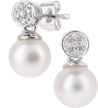Jewelco London 9ct White Gold Diamond Pearl 6.5mm Lightbulb Cap Drop Earrings - PE0AXL5718WPRL