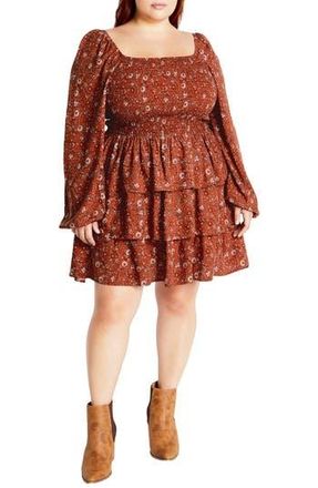 City Chic Floral Print Long Sleeve Tiered Minidress in Spice Ditsy at Nordstrom Rack, Size Xxs/12W