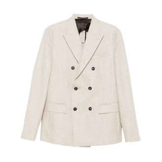 Incotex Jassen, Heren, Beige, M, Leer, Geruite Double-Breasted Blazer