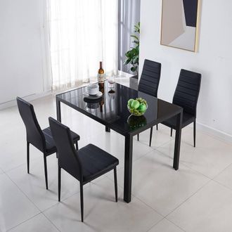Kosy Koala Black Glass Table & 4 Black Faux Leather Chairs Set Dining Furniture