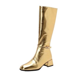 Generic Womens Fashion Knee High Boots Round Toe Medium Chunky Heel With Side Zipper And Metal Trims For Dating Shoes