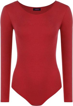 Generic Unbranded New Womens Ladies Scoop Neck Bodysuit Long Sleeve Leotard Plain Stretch Basic Top UK 8-14 (M/L (UK 12/14), Red)