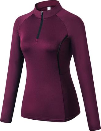 LaoZan Unisex Half-Zip Long Sleeve Shirt Quick Dry Breathable Running Top Base Layer Sportswear Clothing (Wine Red(Women), S)