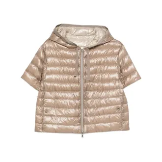 Herno Down Jackets, female, Beige, Size: 2XS Zip Fastening Short-Sleeve Hooded Jacket