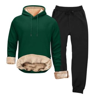 Generic Mens Tracksuit Set Fleece Lined Drawstring Hoodie Elasticated Waist Joggers Outfit Winter Warm Sweatsuit Casual Jumper Sweatpants for Outdoor Gym