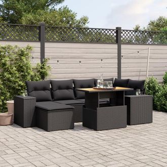 vidaXL Set De Comedor De Jard&iacute;n 7 Pzas Y Cojines Rat&aacute;n Sint&eacute;tico Negro Vidaxl