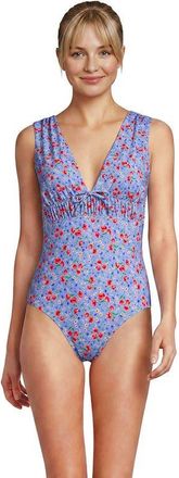 Lands End Wide Strap Plunge Shirred One Piece in Soft Cloud Small Poppy Floral at Nordstrom, Size 14