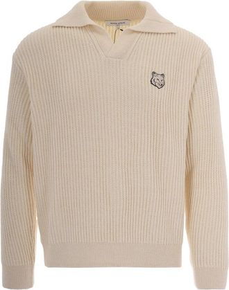 Maison Kitsun&eacute; Geribbelde Polo Sweater van Katoen - Heren - V-hals truien - Beige - L - Katoen - Truien & Vesten