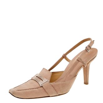 Tod's Tods Pale Pink Suede Crystal Embellished Penny Loafer Slingback Sandals