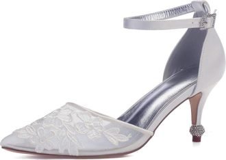 Generic Bridal Shoes Women Kitten Heel Wedding Pumps Pointed Toe Evening Formal Ankle Strap Dress Party Low 6.5 Cm,White,6 UK