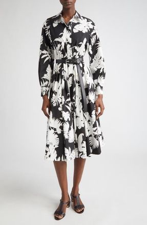 Max Mara Floral Silhouette Print Long Sleeve Cotton Poplin Midi Shirtdress in Black at Nordstrom, Size 10