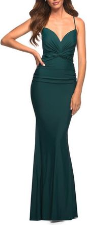 La Femme Prom Dress with Knot at Waist and Open Back in Emerald at Nordstrom, Size 10