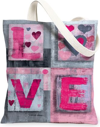 Generic Love Heart Canvas Tote Bags, Romantic Print Reusable Grocery Bags, Spring Vintage Lightweight Washable Shoulder Strap, Peach, 13x15 Inch