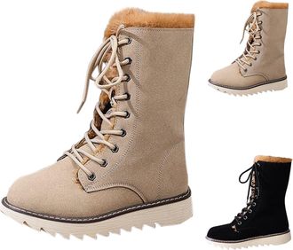Generic Womens Winter Snow Boots Comfortable Warm Faux Fur Lined Non Slip Booties Ladies Casual Lace Up Boots Outdoor Waterproof Thermal Mid Calf Boot Khaki