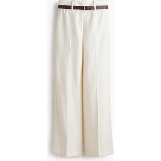 H&M Belted Tailored Trousers in Cream at Nordstrom, Size 12