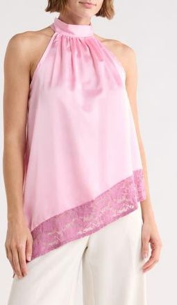 Renee C Satin Lace Asymmetrical Halter Top in Barbie Pink at Nordstrom Rack, Size X-Small