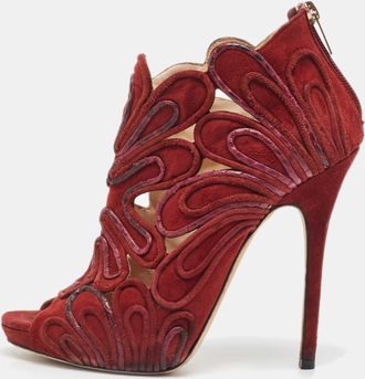 Jimmy Choo London Burgundy Suede Floral Cut Out Peep Toe Ankle Booties