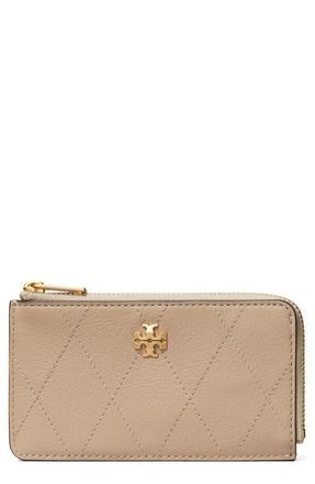 Tory Burch Charlie Quilted Leather Zip Card Case in Soft Cement at Nordstrom