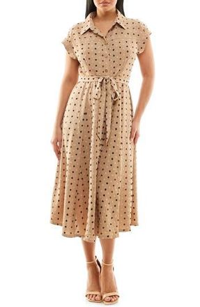 Nina Leonard Swiss Dot Cap Sleeve Midi Shirtdress in Camel Multi at Nordstrom Rack, Size X-Large