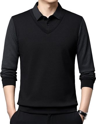 Generic Sempornai Striped Lapel Fake Two-Piece Shirt Business Work Polo Shirts Casual Sweater Fashionable Long-Sleeved Striped Top (Black,M)