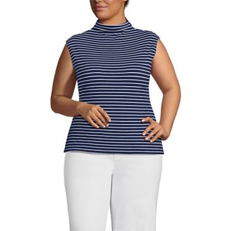 Lands End Plus Size Cap Sleeve Drapey Rib Fitted Funnel Neck Tank in Deep Sea Navy/ivory Stripe at Nordstrom, Size 1 X