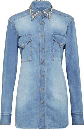Philipp Plein crystal-embellished denim shirt - women - Elastane/Cotton - S - Blue