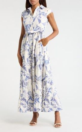 Avec Les Filles Floral Cap Sleeve Cotton Shirtdress in Porcelain Flower at Nordstrom Rack, Size 12