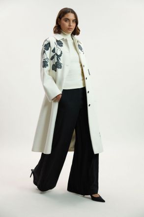 Karen Millen Womens Brushed Wool Placed Embroidery Tailored Midi Coat - White - Size 10 UK