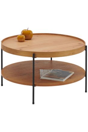 Homin Couchtisch, Schwarz, Eichefarben, Holz, Holzwerkstoff, Eiche, furniert, rund, Rundrohr, 80x45x80 cm, Wohnzimmer, Wohnzimmertische, Couchtische, Coucht