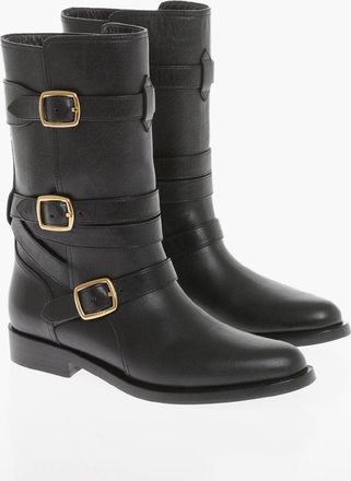 Celine Stivali Biker in Pelle con Design Tre Fibbie Celine