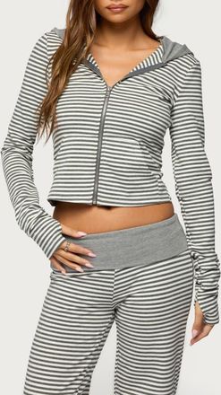 Edikted Meggy Colorblock Stripe Zip Hoodie in Gray-And-White at Nordstrom, Size X-Large