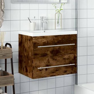 Berkfield Home Elegant Bathroom Sink Cabinet with Built-in Basin Smoked Oak in Brown