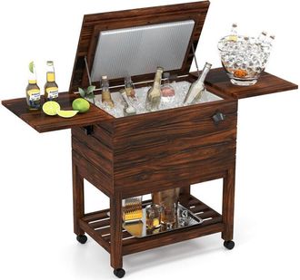 Costway Carrello Porta Ghiaccio in Legno, Carrello Refrigerante per Bevande da 51 L con Ripiani, Ruote Universali Bloccabili e Apribottiglie