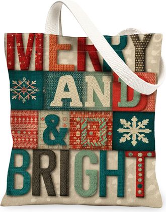 Generic Merry and Bright Canvas Tote Bags, Text Pattern Reusable Grocery Bags, Winter Vintage Lightweight Washable Shoulder Strap C, Red, 13x15 Inch