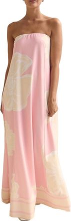 Generic Floaty Back Smocked Bandeau Maxi Dress -Strapless Printed Boho Long Dresses for Holidays