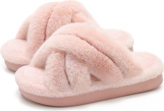 Generic Womens Fuzzy Cross-Band Platform Slides, Winter Warm Memory Foam Slippers, Non-Slip Sole Indoor Outdoor House Shoes,Pink,6.5 UK