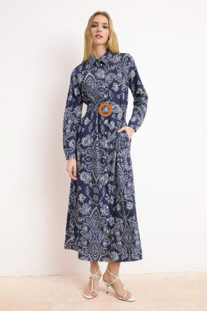 Trendyol Modest Dames Donkerblauw Etnisch patroon Maxi Lang Casual Skater Modest Jurken