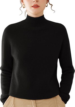 Dissa Women Cashmere Jumper Black Mock Neck Knitted Jumper Long Sleeve Relaxed Cashmere&Wool Thick Plain Ladies Sweater,UK 12,MH559