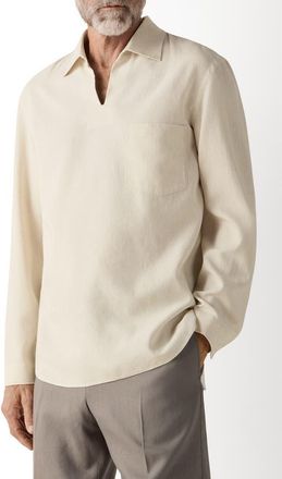 Ermenegildo Zegna Long Sleeve Linen Polo in Light Taupe at Nordstrom, Size X-Large