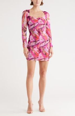 L'agence Lolisa Ruched Long Sleeve Mesh Minidress in Pink Multi Buckle Swirl at Nordstrom Rack, Size 10