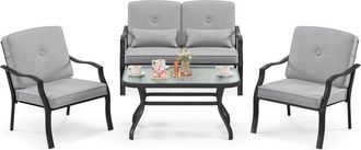 Costway Conjunto Jardin Exterior De 4 Piezas, 2 Sillas Individual 1 Silla De 2 Plazas, 1 Mesa De Vidrio Templado, Cojines Y Almohadas De Cintura, Conjunto Mes