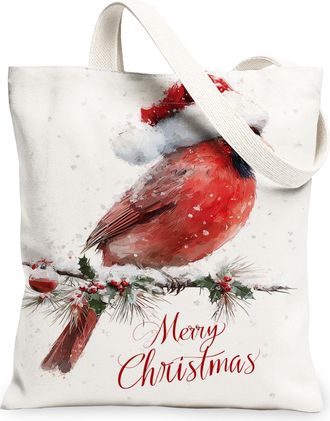 Generic Christmas Bird Canvas Tote Bags, Festive Cardinal Design Reusable Grocery Bags, Winter Vintage Lightweight Washable Shoulde, White, 13x15 Inch