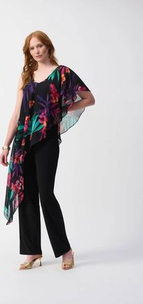 Joseph Ribkoff Tropical Chiffon Overlay Jumpsuit In Black/multi
