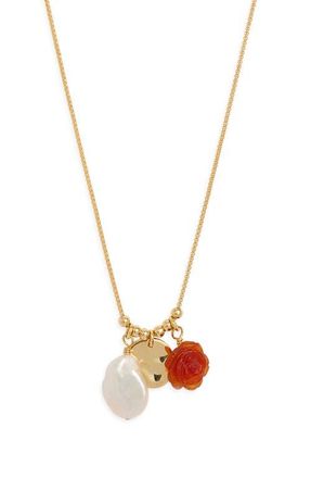 Nordstrom Floral Agate & Freshwater Pearl Pendant Necklace in Amber- White- 14K Gold Plated at Nordstrom