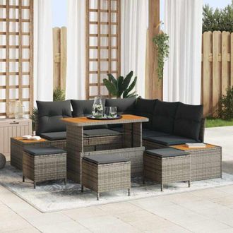 vidaXL Vidaxl - Conjunto De Sof&aacute; De Jard&iacute;n Con Coj&iacute;n 9 Pcs Gris Polirat&aacute;n