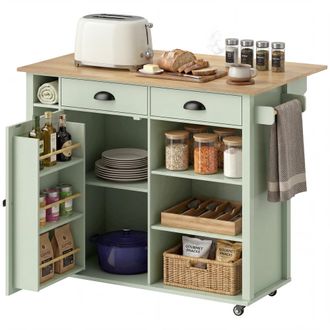 HOMCOM Homcom Isla De Cocina Con Tablero Plegable, Ruedas, Estantes En La Puerta, Toallero, Armario, 2 Cajones, Estantes Abiertos, 117,5x70x91cm, Verde Claro